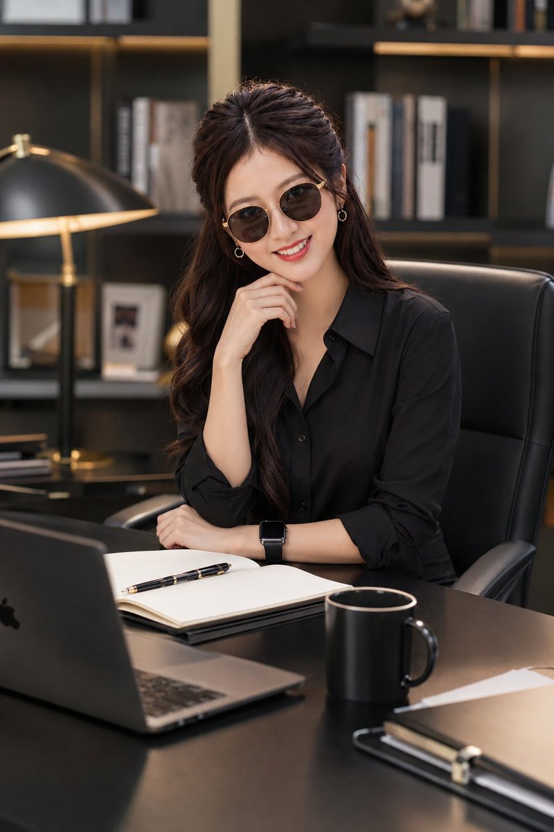 Confident female CEO smiles warmly in luxurious office setting