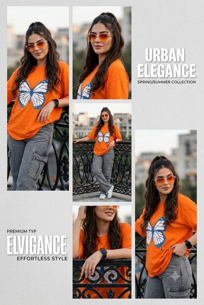 Woman in orange butterfly tee leans on wrought-iron railing
