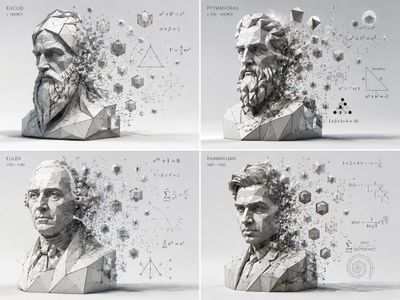 Four mathematicians dissolve into geometric solids in a grid