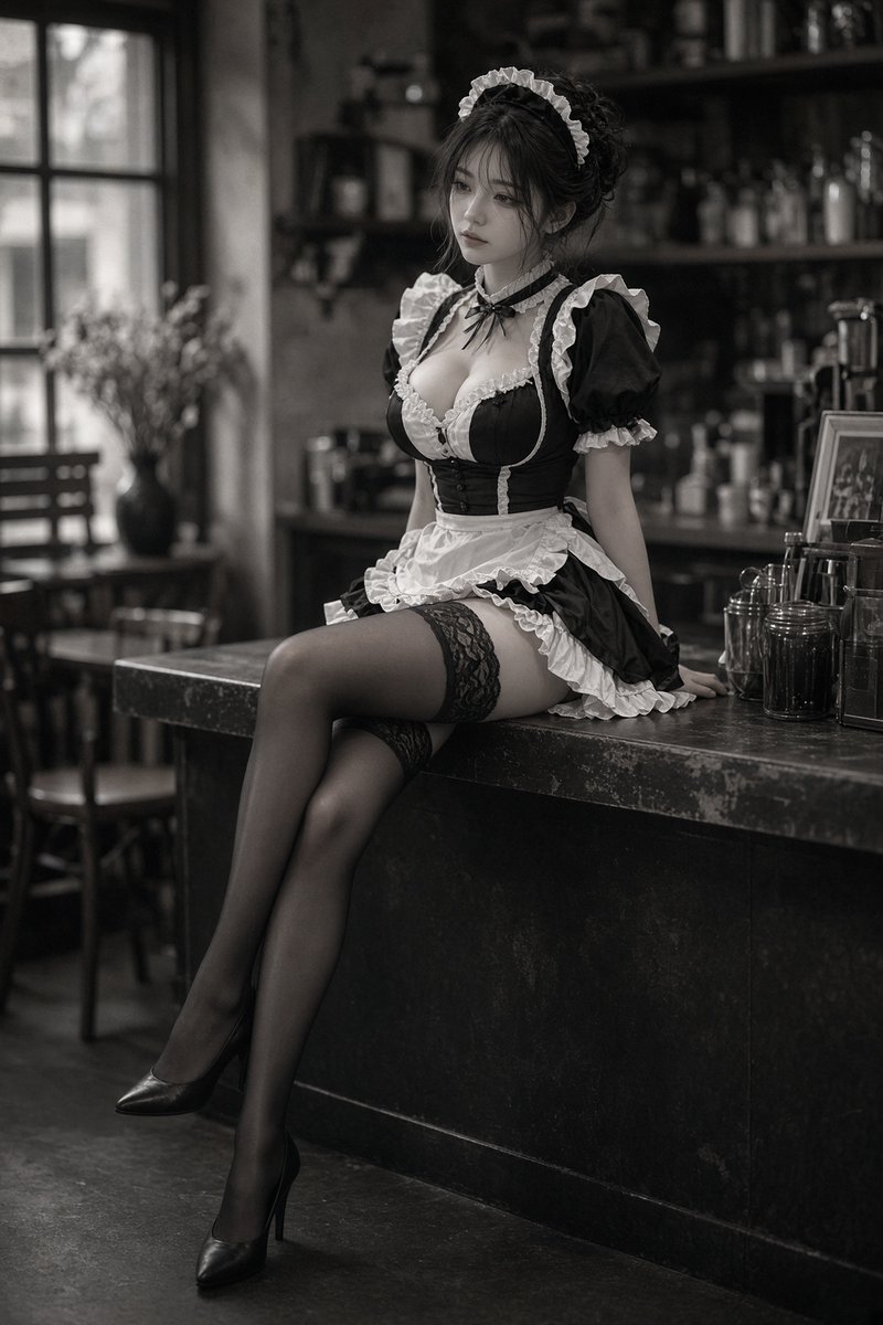 East Asian Beauty in Maid Outfit Sits Cross-Legged on Counter