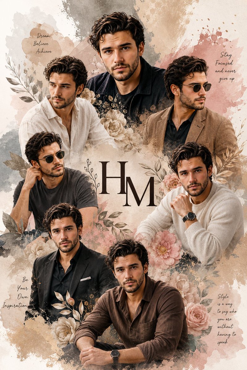 A stylish man in various outfits amidst watercolor botanicals
