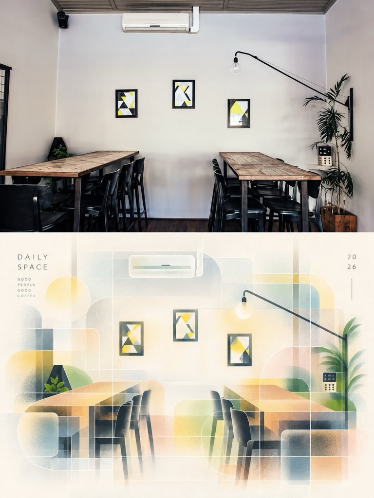 Sunlit café interior with geometric pastel overlays and editorial typography