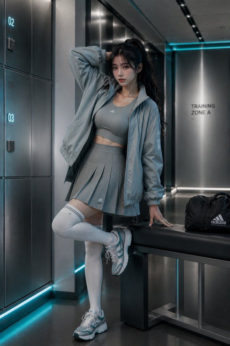 East Asian model strikes confident pose in teal luxury athletic wear
