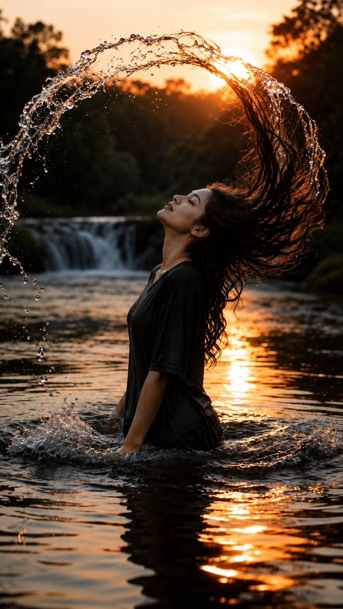 Woman flips her wet hair in golden sunset river light