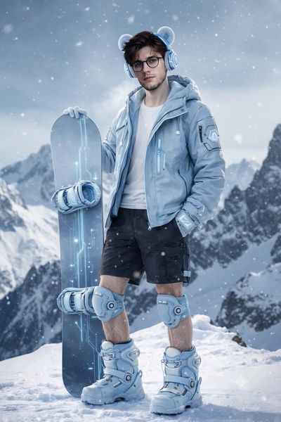 Futuristic snowboarder in pastel blue puffer jacket poses on peak