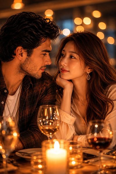 A young couple shares an intimate gaze over candlelit dinner