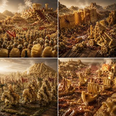Rigatoni mountains rise from pesto river valleys in epic battle scene