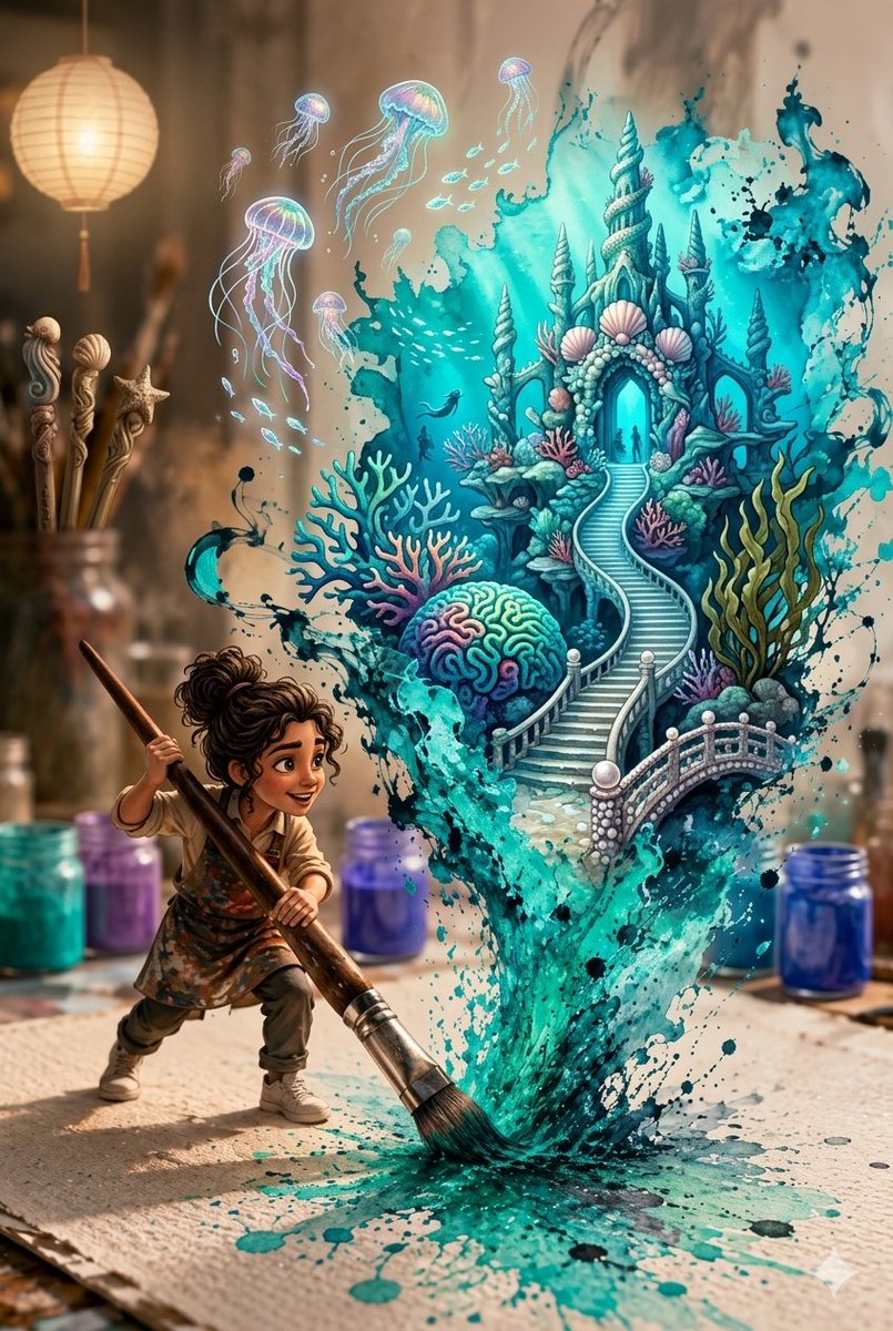 A young artist's brush conjures an underwater kingdom from swirling paint.