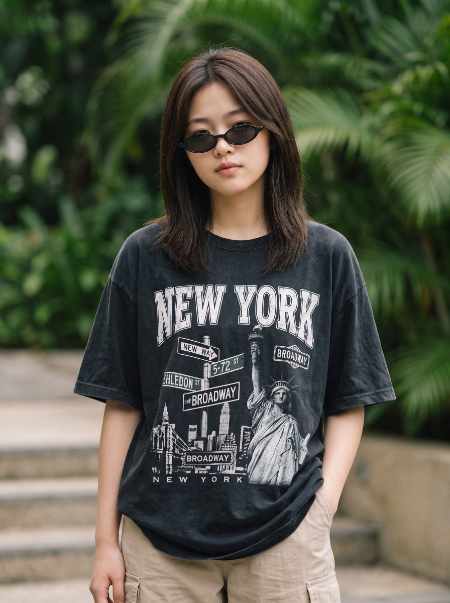 South Asian woman in tiny retro sunglasses poses in lush green tropical setting