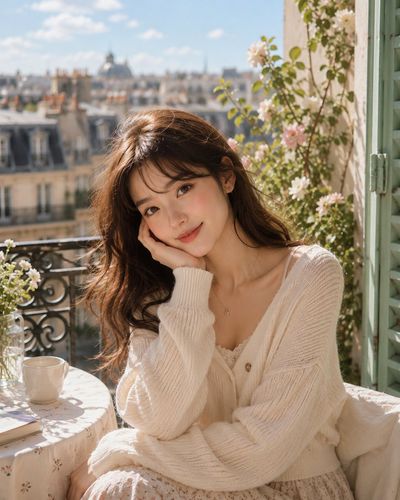 Young woman smiles warmly on a sunny European balcony