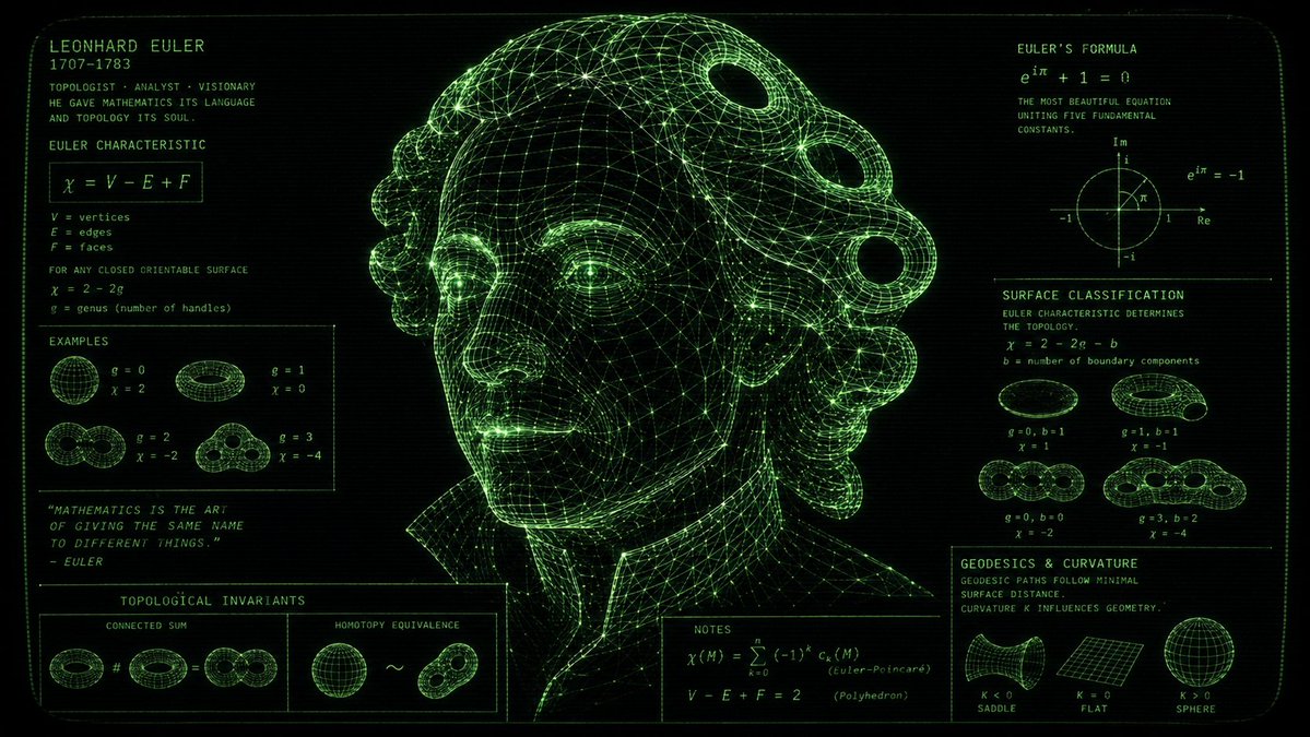 Green wireframe Euler portrait emerges from topological manifold