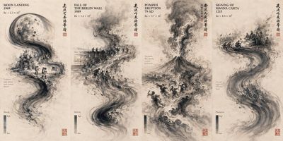 Moon landing flows through turbulent ink wash time collapse