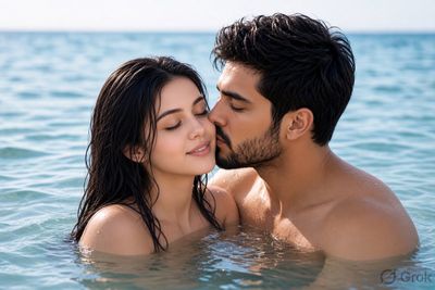 A young couple shares a tender kiss in calm sea water