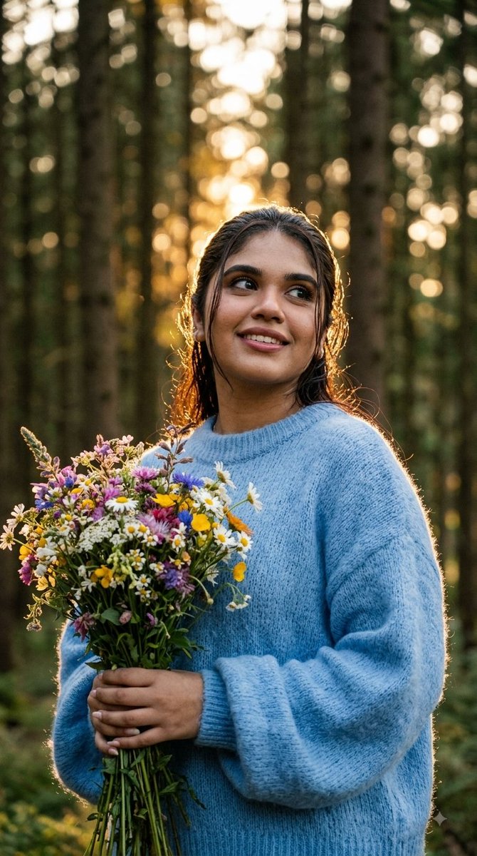 Woman in blue sweater holds wildflowers in sunlit forest