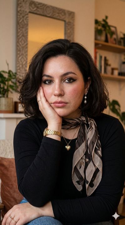 Young woman in black top rests head on hand with thoughtful gaze
