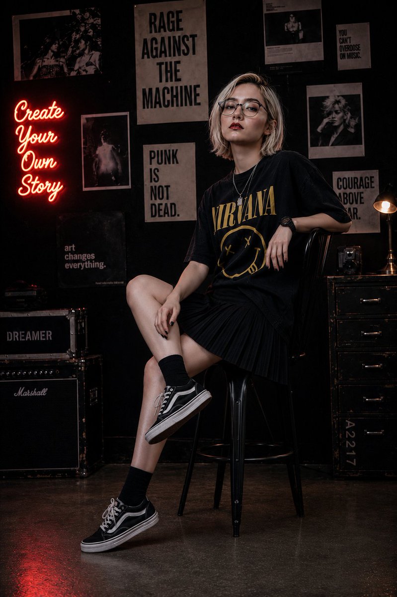 A stylish young woman in a dark music studio sits confidently