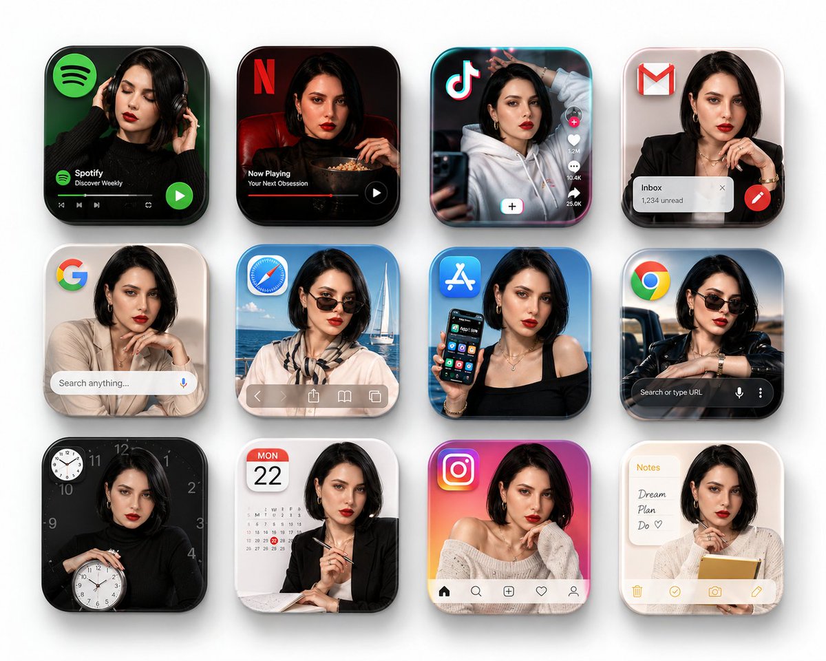 A woman appears in twelve glossy app icons on a white background