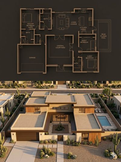 Dual-View Luxury Home: Dark Blueprint Meets Desert Modern Render
