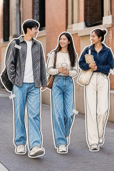 Three friends walk in a hand-drawn style over a photo background