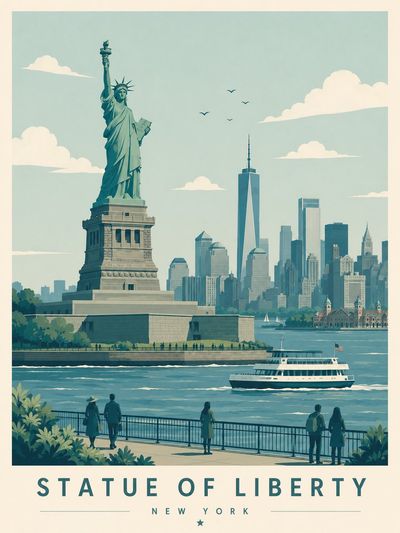 A minimalist poster shows a lone traveler gazing at distant mountains