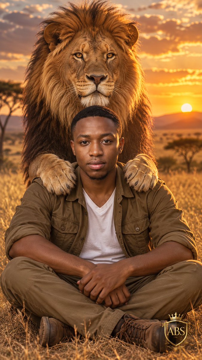 Golden savannah sunset frames man and lion in cinematic portrait