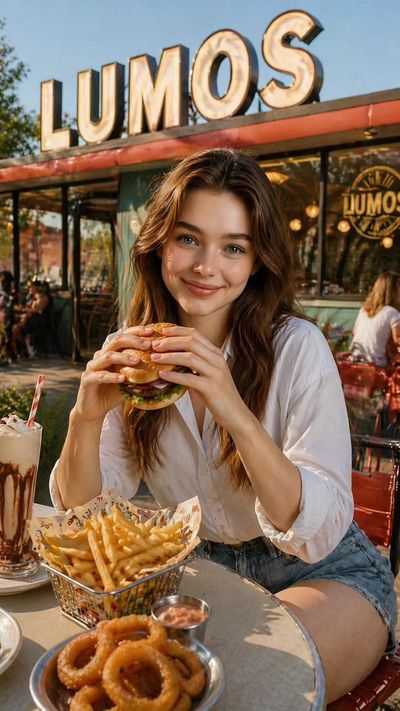Young woman enjoys a juicy hamburger at LUMOS restaurant