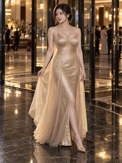 Champagne Veil Gown in Hotel Foyer with Warm Backlight