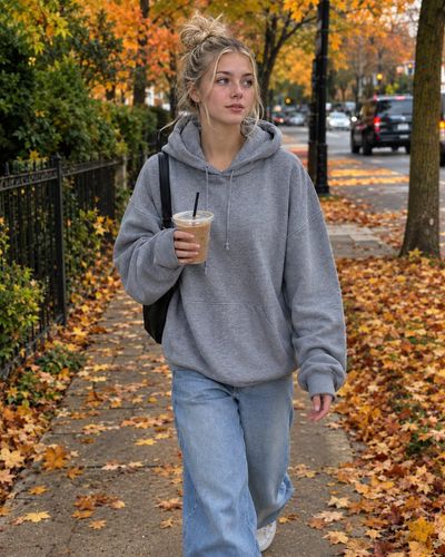 Young woman strolls autumn street holding iced coffee naturally
