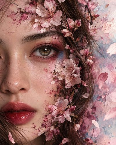 Sakura Blossoms Merge With Woman's Skin In Surreal Beauty Portrait