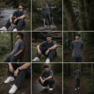 A young man sits by a riverbank in a peaceful forest