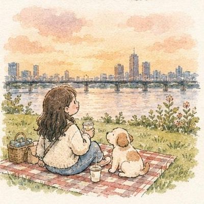 A girl explores a peaceful city with her puppy and cat.