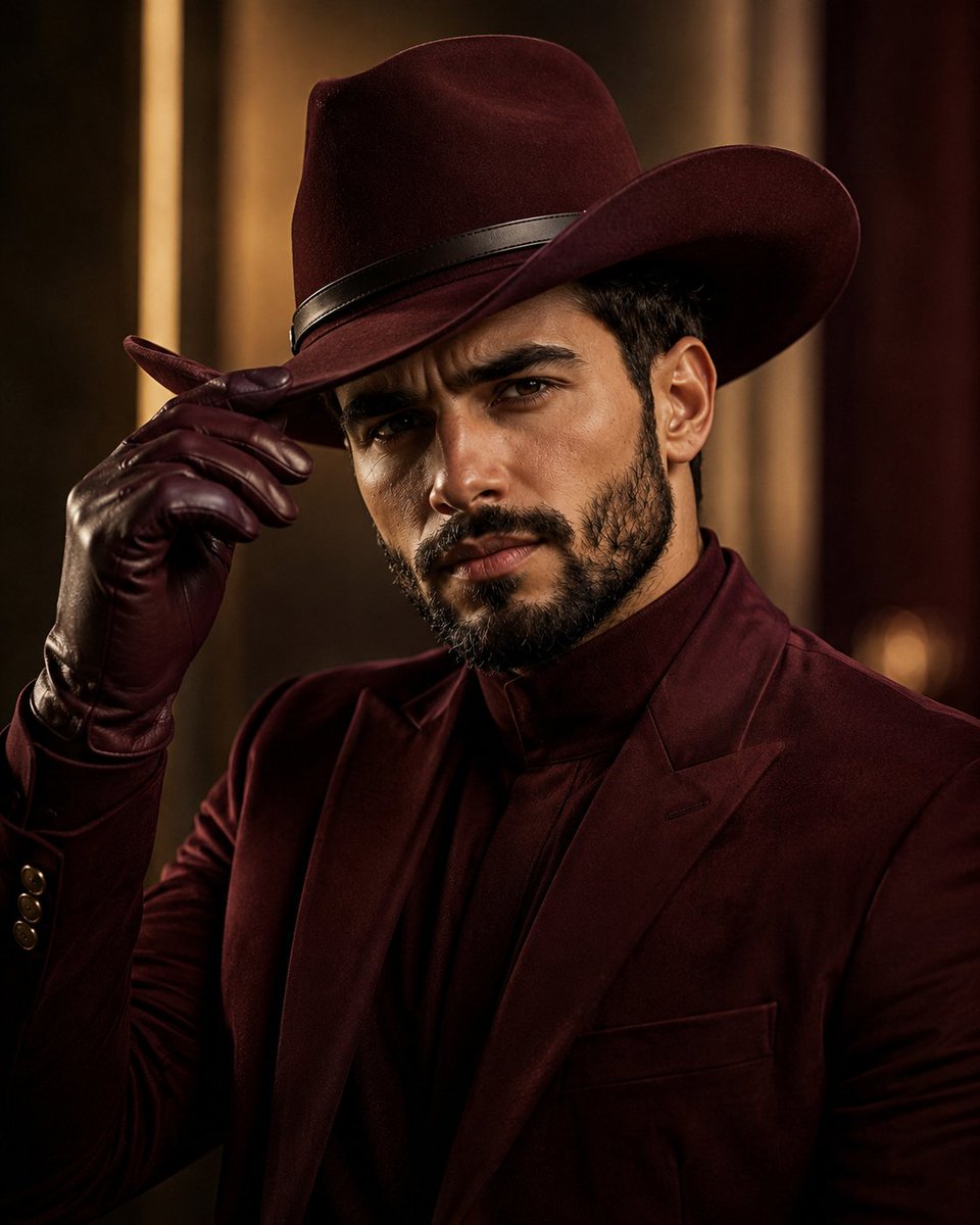 Burgundy-clad model touches his hat in a cinematic studio portrait