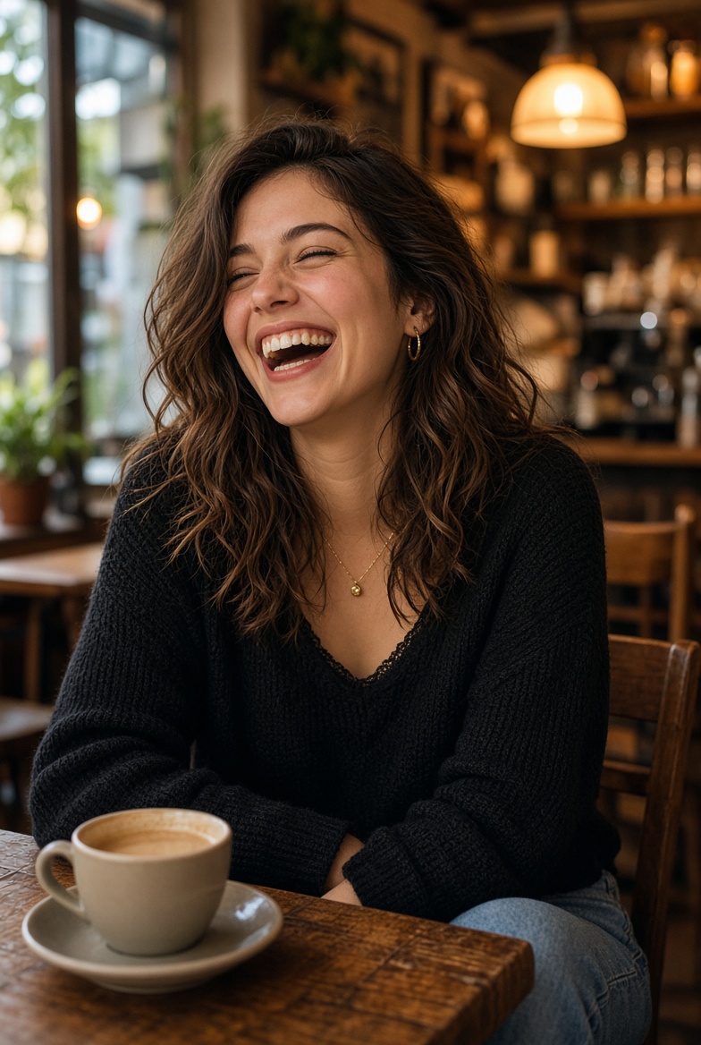 Joyful Woman Laughs Heartily in Cozy Rustic Cafe