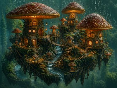 A serene isometric floating island blooms under a golden sunset sky