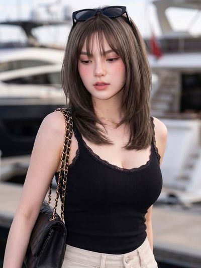 Young woman in black camisole stands gracefully at luxury yacht marina