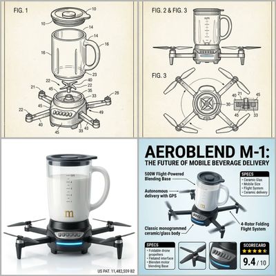 Absurd Drone Mug Blender Invention Shown in Patent and Apple Style