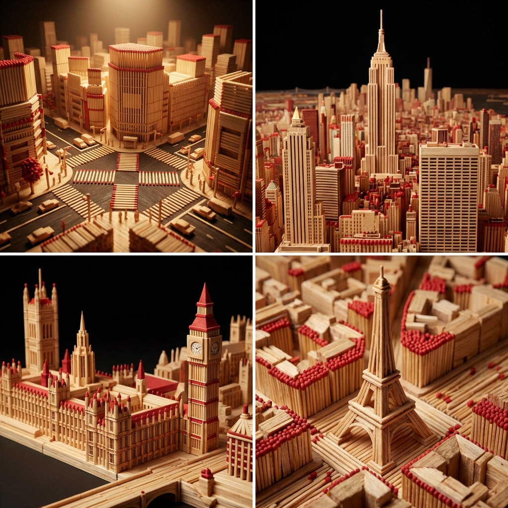 Cityscapes Built from Matchsticks: A Tiny, Fiery World