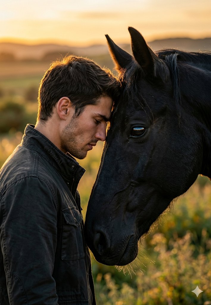 Intimate Bond: Man and Horse in Golden Hour