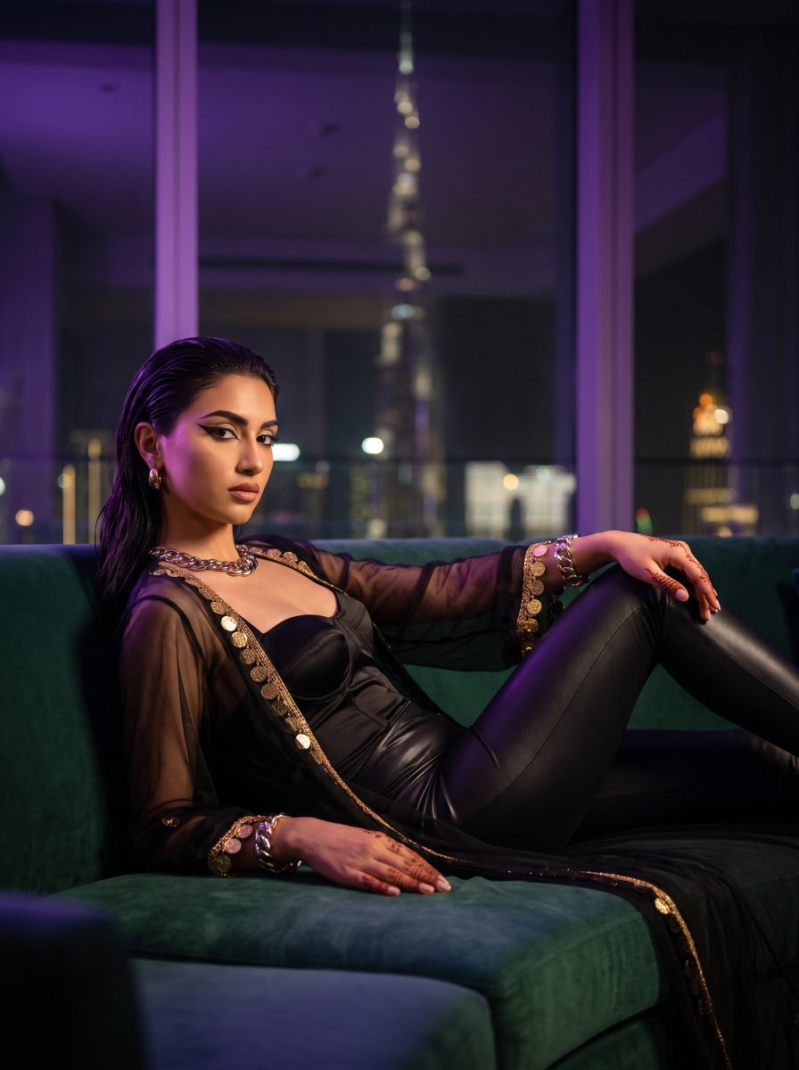 Arab Creative Director Reclines on Emerald Sofa in Dubai Penthouse at Night