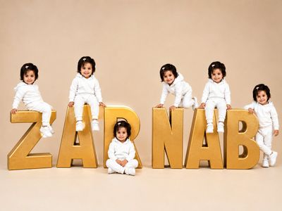 Young child poses playfully with giant gold letters in a luxury studio