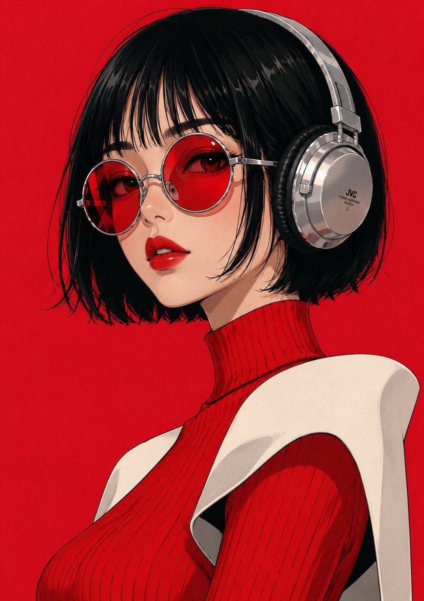 A woman with silver glasses and headphones poses in crimson studio light
