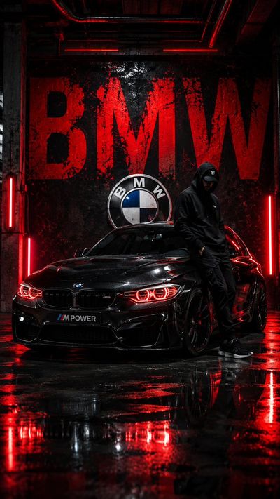 Glossy black BMW sedan gleams under red neon in gritty garage