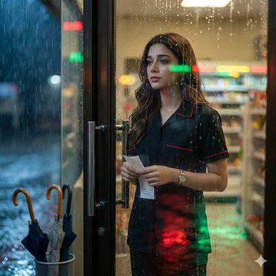 Rain-Streaked Reflection of a Thoughtful Cashier