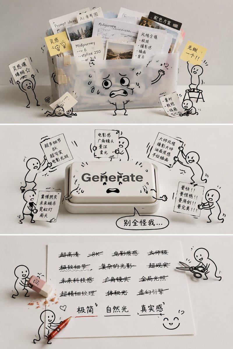 A frustrated artist deletes prompts while tiny doodles express emotions