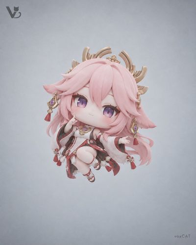 Floating Chibi Character Captured in Cold Grey Minimalist Studio Light