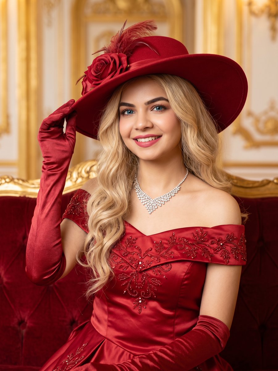 Radiant Blonde Woman in Red Satin Gown Smiles on Velvet Sofa