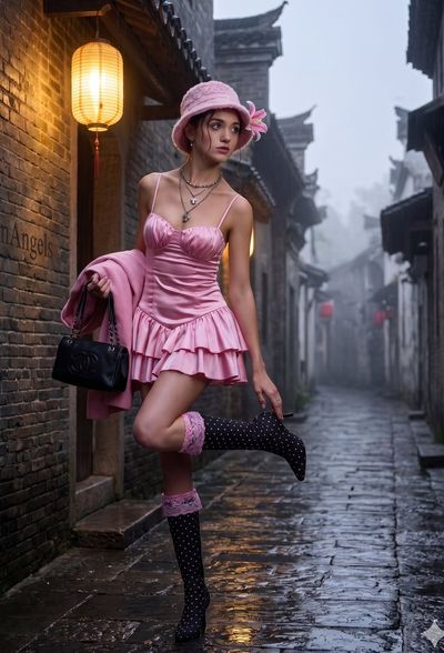 Misty Water-Town Elegance in Pink Satin