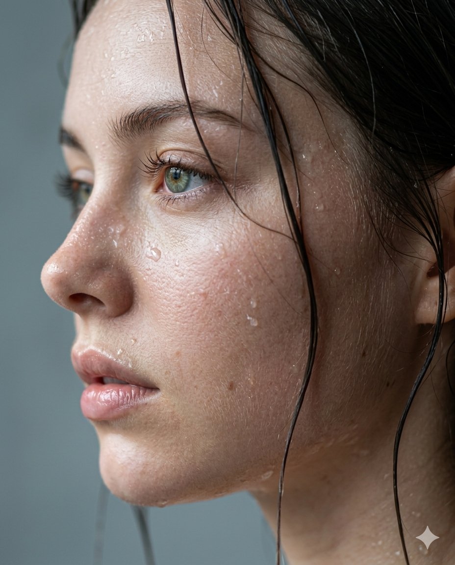 Rain-kissed woman with wet hair glows in soft melancholic light