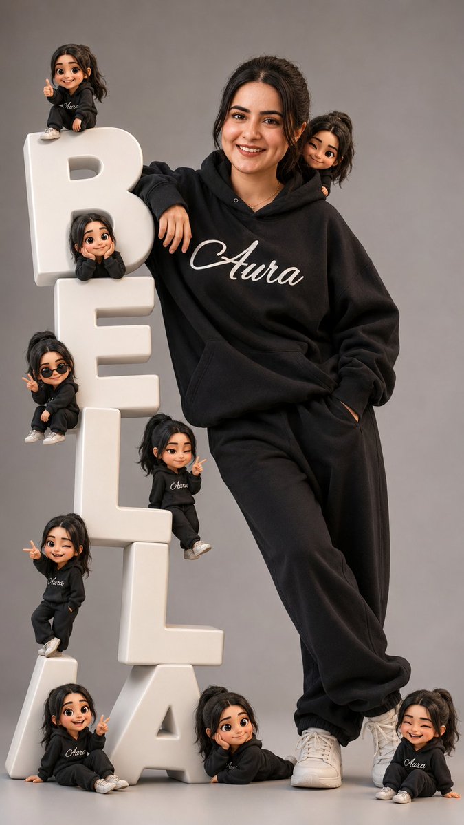 A stylish person leans casually on giant 3D letters spelling BELLA
