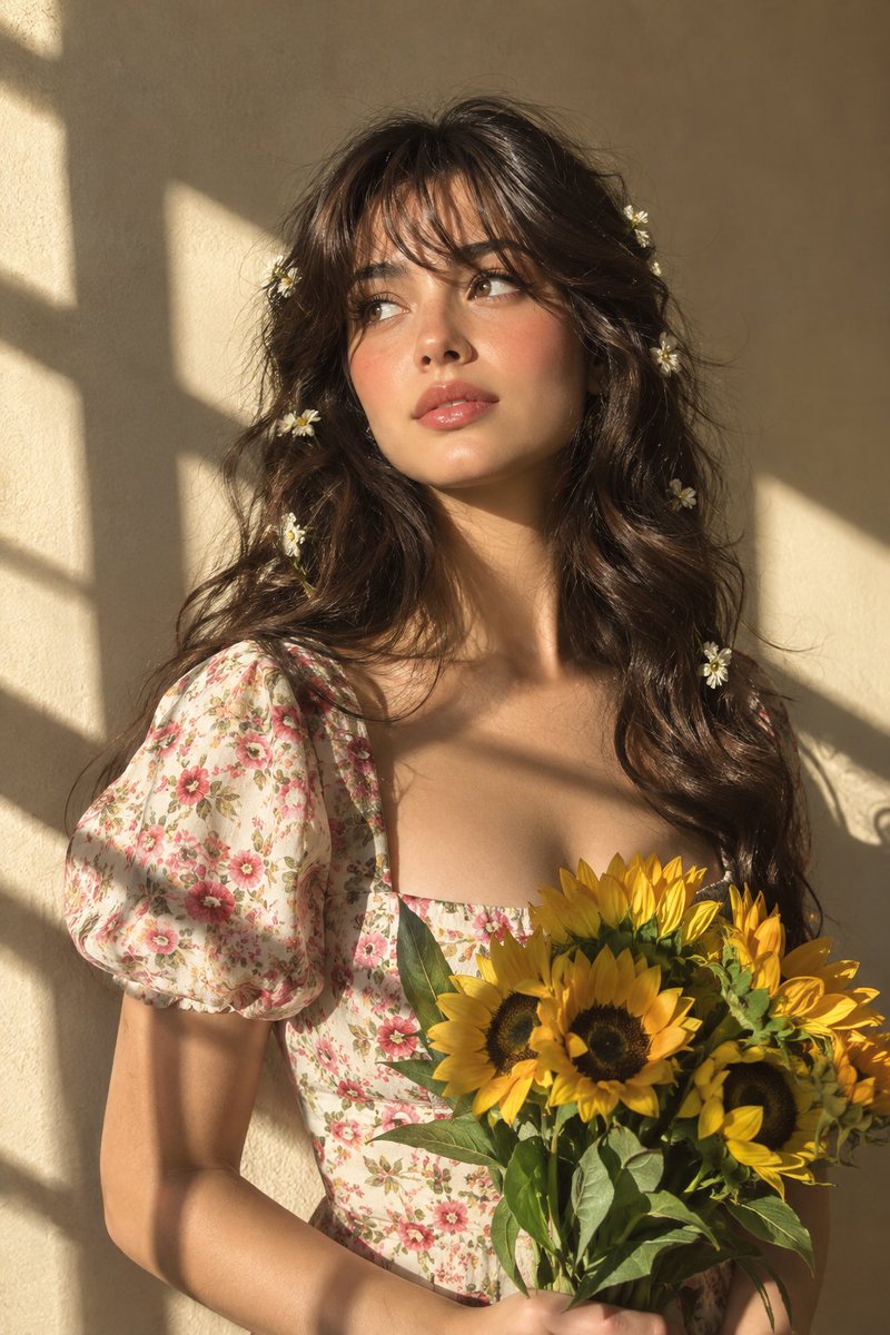Sun-Kissed Woman Cradles Sunflowers Against Shadow-Striped Stucco Wall